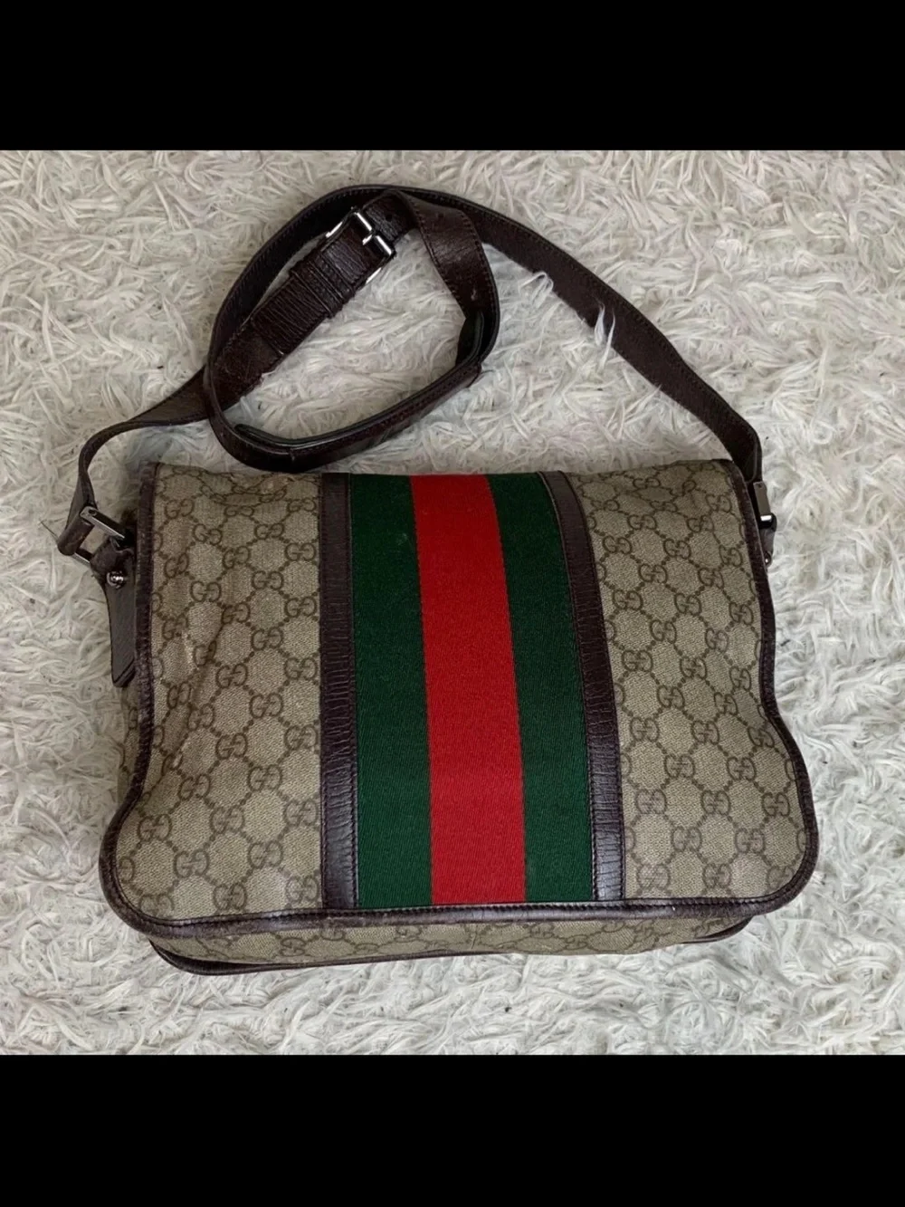 Gucci Brown Monogram Messenger Bag with Red & Green Center Stripe